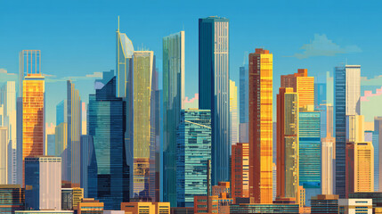 Obraz premium A colorful cartoon cityscape with tall buildings against a bright blue sky and some white clouds