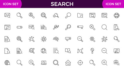 Search line icon collection. Zoom, binoculars, find document, magnify glass, web, browse, digital marketing, data analysis and Artificial Intelligence icon set.