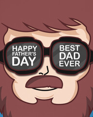 Bold and quirky Father's Day design featuring a cartoon dad with a beard and sunglasses. The glasses reflect the messages “Happy Father’s Day” and “Best Dad Ever” in a fun, modern illustration.