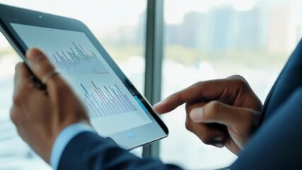 Professional businessperson in formal attire carefully examining financial charts and graphs on tablet screen in contemporary office setting, using finger to navigate through digital data analysis - Powered by Adobe