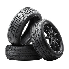 A stack of car tires, showcasing a detailed tread design. The tires are a bold black, suggesting durability and performance