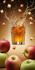 Refreshing Apple Juice Splashing into Glass with Apple Cube Pieces and Fresh Fruit