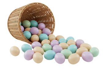 Overflowing basket with pastel easter eggs Isolated on transparent background