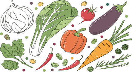 Watercolor Vegetables Set | a watercolor-style vector illustration of a variety of fresh vegetables arranged on a white background. Include colorful, hand-painted representations of vegetables.