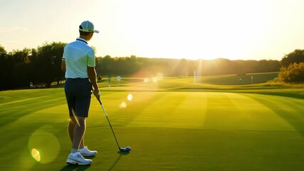 Professional golfer in blue shirt practicing swing technique on green course during golden hour. Player demonstrates proper stance and club positioning with focused concentration