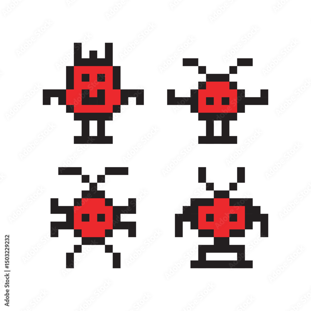 Poster retro pixelated insect bug character set design element illustration