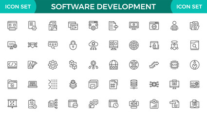 Software development line icon set. Cloud computing, programmer, website, data, bugs, appraisal, feedback, evaluation, goals, metrics, KPI outline icon collection.