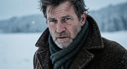 Fototapeta premium Portrait of man in winter snow scene wearing coat and scarf looking ahead
