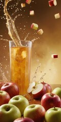 Refreshing apple drink with ice cubes in glass and splash on golden background