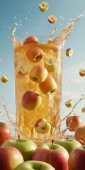 Apples and Juice Splashing Around a Glass Against a Sky Background