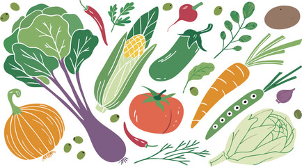 Watercolor Vegetables Set | a watercolor-style vector illustration of a variety of fresh vegetables arranged on a white background. Include colorful, hand-painted representations of vegetables.