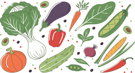 Watercolor Vegetables Set | a watercolor-style vector illustration of a variety of fresh vegetables arranged on a white background. Include colorful, hand-painted representations of vegetables.