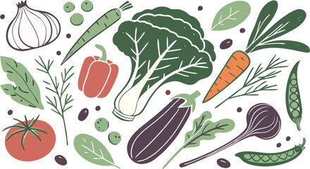 Watercolor Vegetables Set | a watercolor-style vector illustration of a variety of fresh vegetables arranged on a white background. Include colorful, hand-painted representations of vegetables.