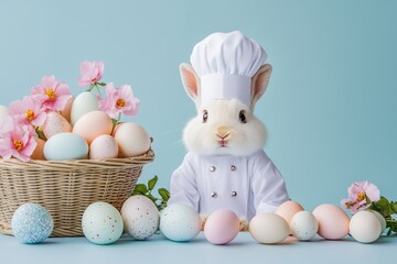 Easter bunny chef with eggs and flowers in a basket on blue table