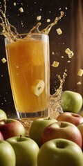Apple juice spilling from a glass surrounded by whole and sliced fresh apples