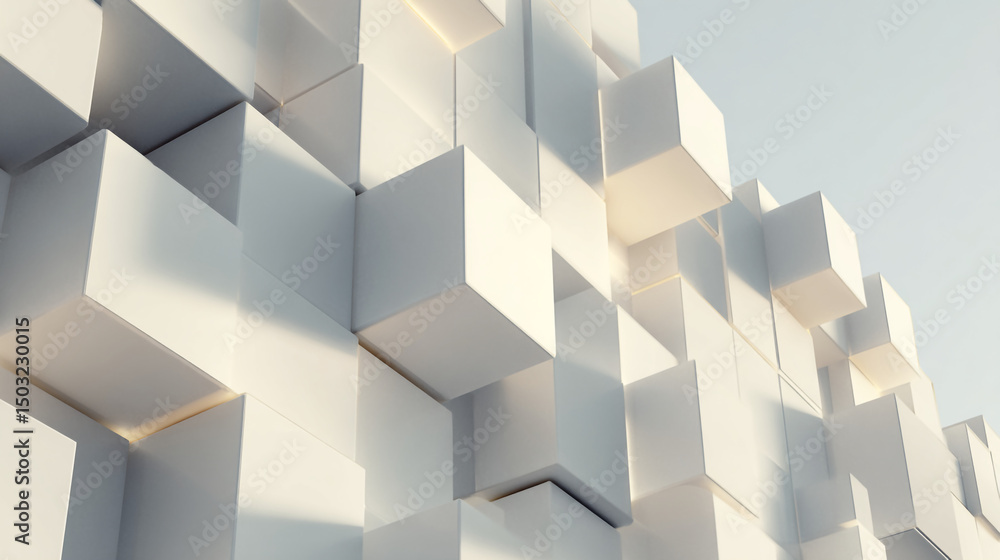 Aufkleber abstract white cubes arranged in a geometric pattern with soft lighting from the upper right corner