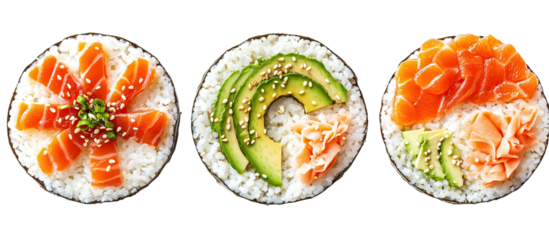 Sushi pizza - rice crust base, slice with salmon and avocado. Each element separately