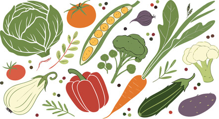 Watercolor Vegetables Set | a watercolor-style vector illustration of a variety of fresh vegetables arranged on a white background. Include colorful, hand-painted representations of vegetables.