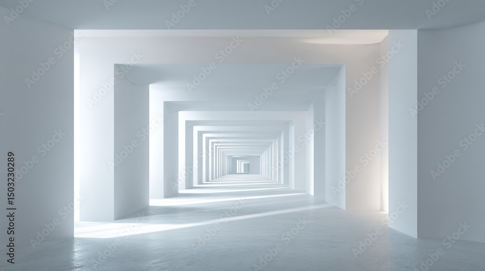 Poster endless white corridor with receding doorways creating a sense of depth and perspective in a bright 