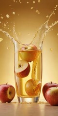 Tall Glass of Apple Juice Splashing with Fresh Red Apples
