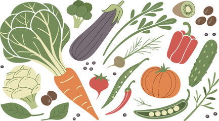 Watercolor Vegetables Set | a watercolor-style vector illustration of a variety of fresh vegetables arranged on a white background. Include colorful, hand-painted representations of vegetables.