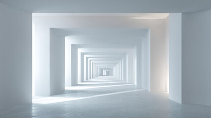 Endless white corridor with receding doorways creating a sense of depth and perspective in a bright space