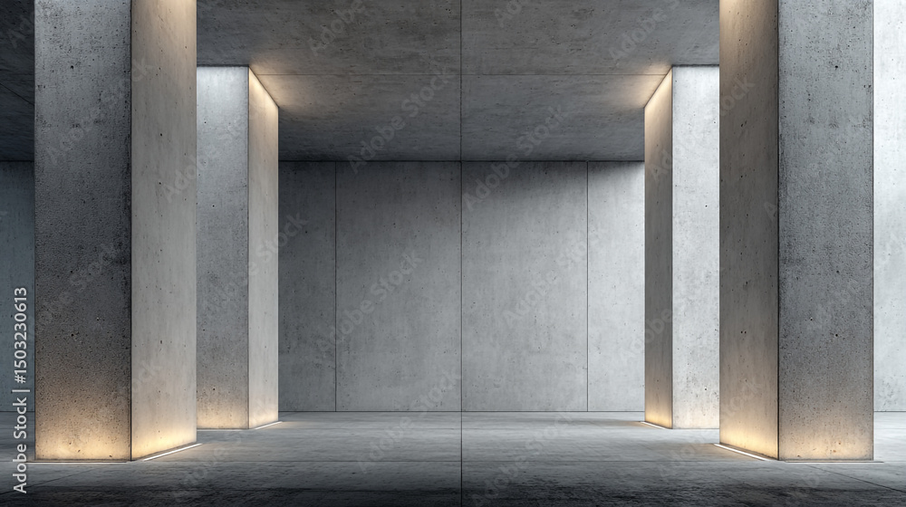 Poster minimalist concrete interior with illuminated pillars creating a stark and modern architecture space