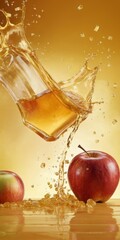 Apples with Splashing Juice from Glass on Wood Grain Surface with Yellow Background