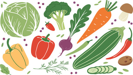 Watercolor Vegetables Set | a watercolor-style vector illustration of a variety of fresh vegetables arranged on a white background. Include colorful, hand-painted representations of vegetables.