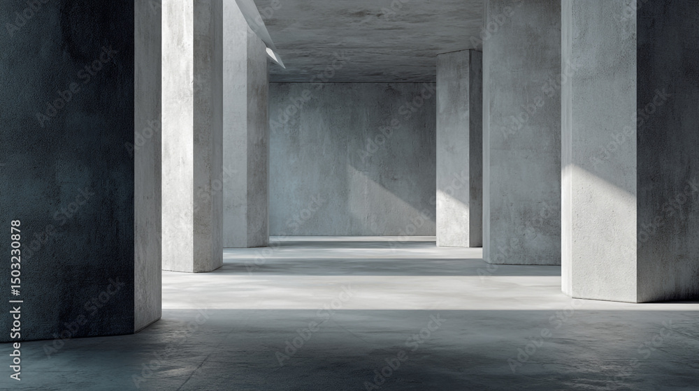 Poster a minimalist concrete corridor with pillars and light creating shadows on the walls and floor space