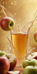 Apple juice overflowing clear glass surrounded by fresh apples with water droplets