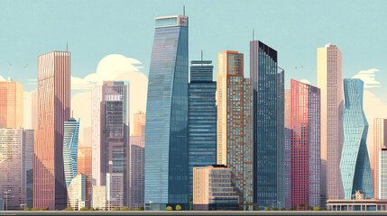 Naklejka premium A cartoon cityscape featuring a variety of tall buildings under a bright blue and white sky view