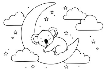 Koala sleeping on crescent moon surrounded by stars and clouds - Concept of coloring page. A4 size colouring page, ready to print on standard A4 paper.