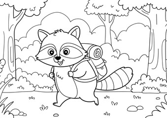 Cartoon raccoon hiking with backpack in forest coloring page. A4 size colouring page, ready to print on standard A4 paper.