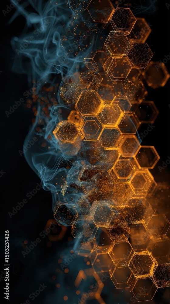 Poster abstract honeycomb pattern with smoke effect in vibrant colors.