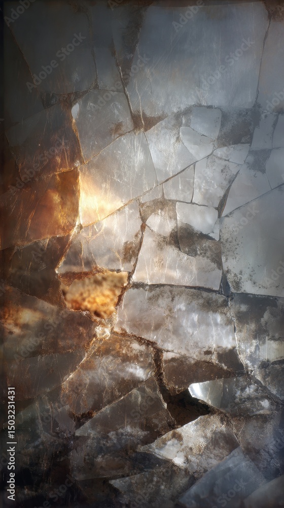 Poster abstract icy surface with intricate patterns and warm light reflections.