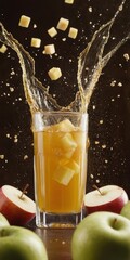 Apple Juice Splashing from a Glass with Diced Fruit and Whole Apples