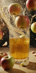 Apples and Juice Splashing from a Glass on a Wooden Surface
