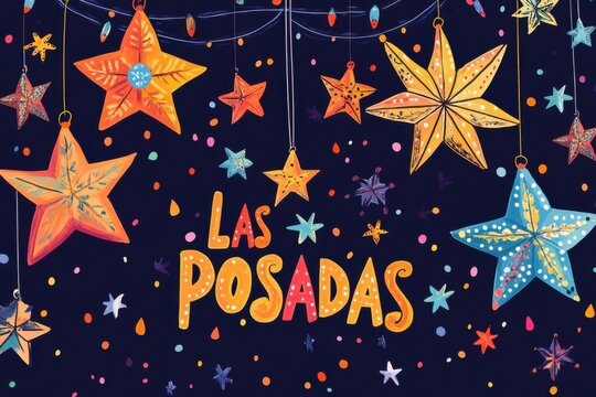 Las posadas celebration with hanging stars and colorful decorations