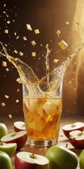 Refreshing Apple Juice Splashing in a Glass Surrounded by Cut Apples