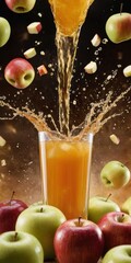 Refreshing Apple Juice Pouring into a Glass Surrounded by Fresh Red and Green Apples