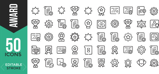 Awards Line Icon Set – Editable Badge, Trophy, Certificate, Medal & Achievement Icons (Vector Illustration)

