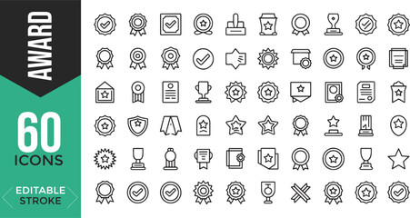 Awards Line Icon Set – Editable Badge, Trophy, Certificate, Medal & Achievement Icons (Vector Illustration)

