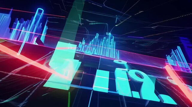Futuristic digital interface displays animated bar charts and data visualizations with neon blue and pink colors moving across dark background creating modern tech atmosphere - Powered by Adobe