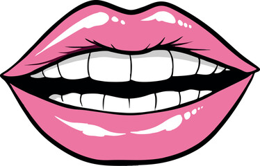 Fototapeta premium Vibrant Glossy Pink Lips Illustration with White Teeth – Bold Pop Art Style Mouth Drawing for Beauty, Fashion, and Creative Design