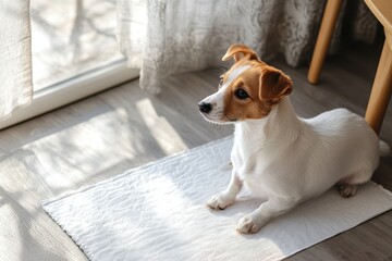 Naklejka na ściany i meble Dog relaxing on effective house training pads by the window in a sunlit room during morning hours