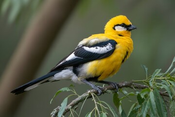 Fototapeta premium A bright yellow bird with black and white patterns is sitting on a tree branch.