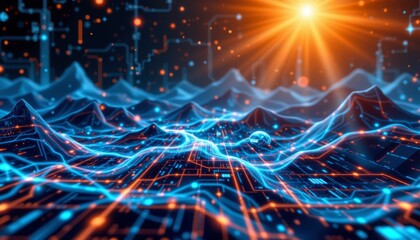 abstract landscape of a hi tech network grid in cyberspace on a blue background, 3d technology illustration at the top with clear copy space at the bottom.