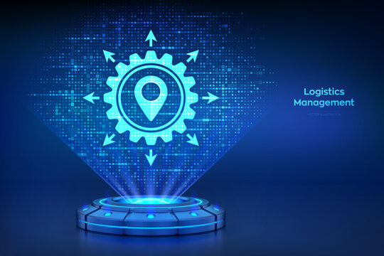 Logistics management. Holographic platform with glowing rays projecting a logistics management icon made of binary code. Smart logistics, transportation. Logistic global network distribution. Vector.