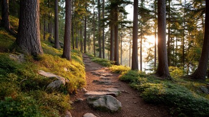 Fototapeta premium Forest Path Illuminated by Warm Golden Summer Light